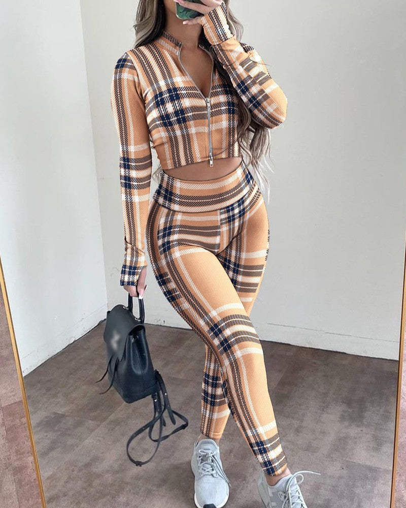 Printed Long Sleeve Zipper Sports Knitted Top & Pant Sets
