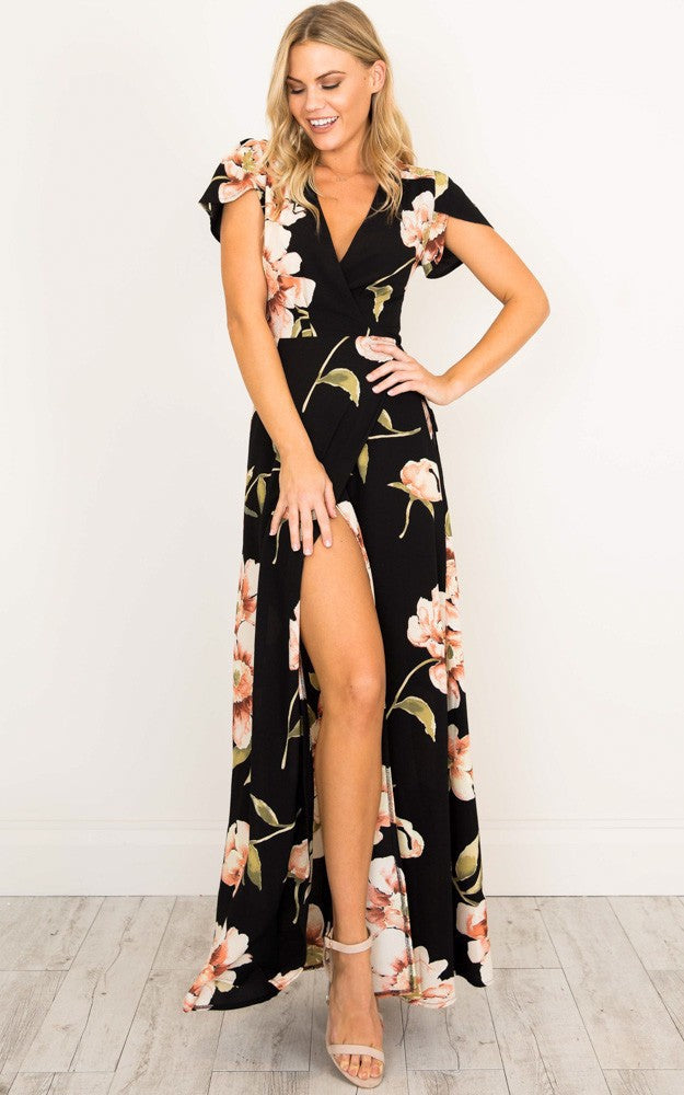 Printed V-neck Short Sleeved Big Swing Long Dress CD287
