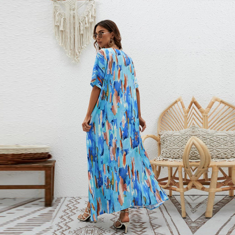 Women's Printed Loose Swing Short Sleeve Dress CD511