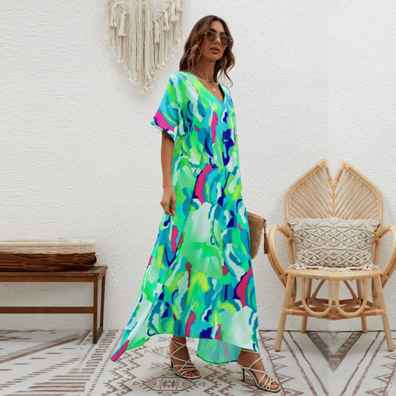 Women's Printed Loose Swing Short Sleeve Dress CD511
