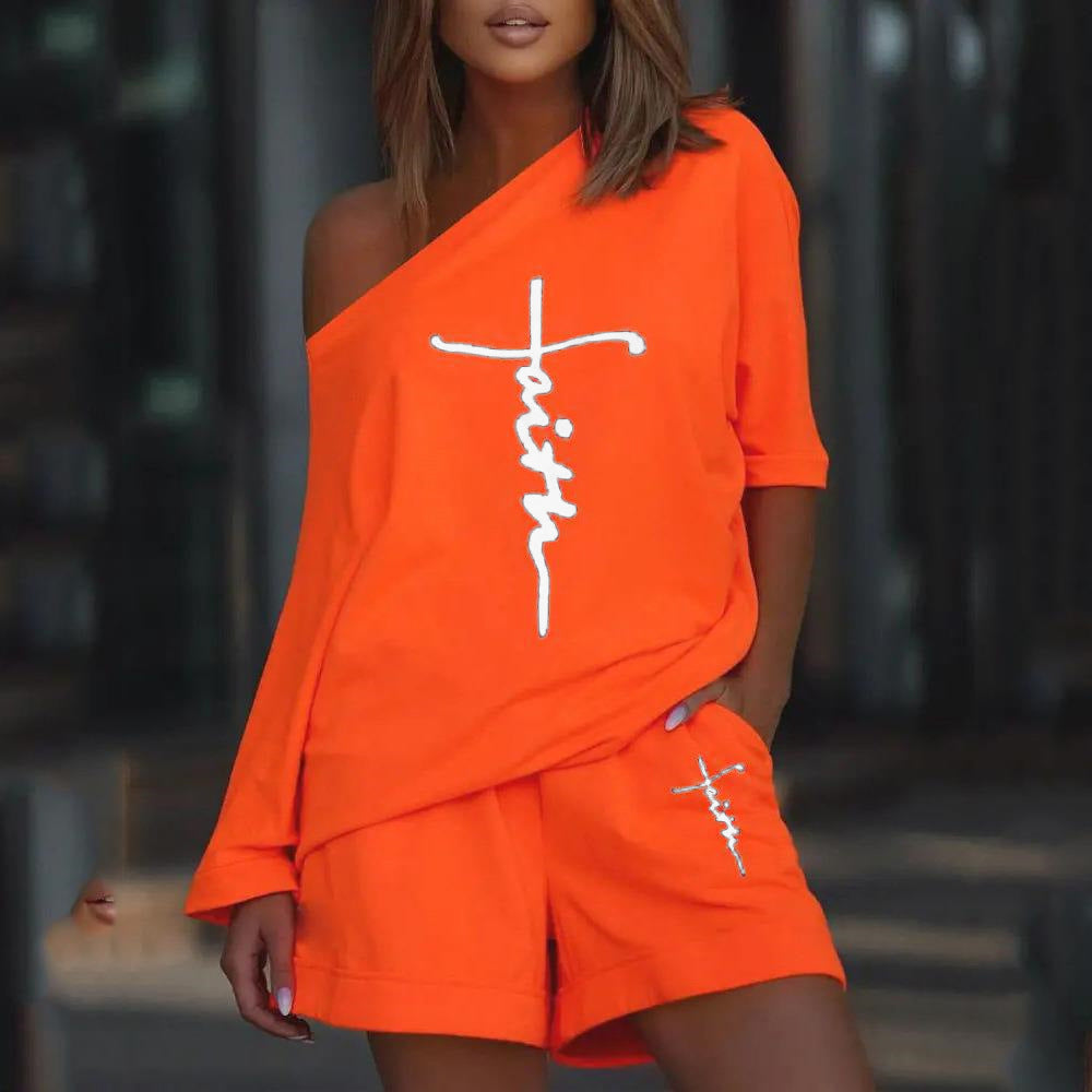 Printed Diagonal Collar Long Sleeved Casual Loose Fitting Set CD627