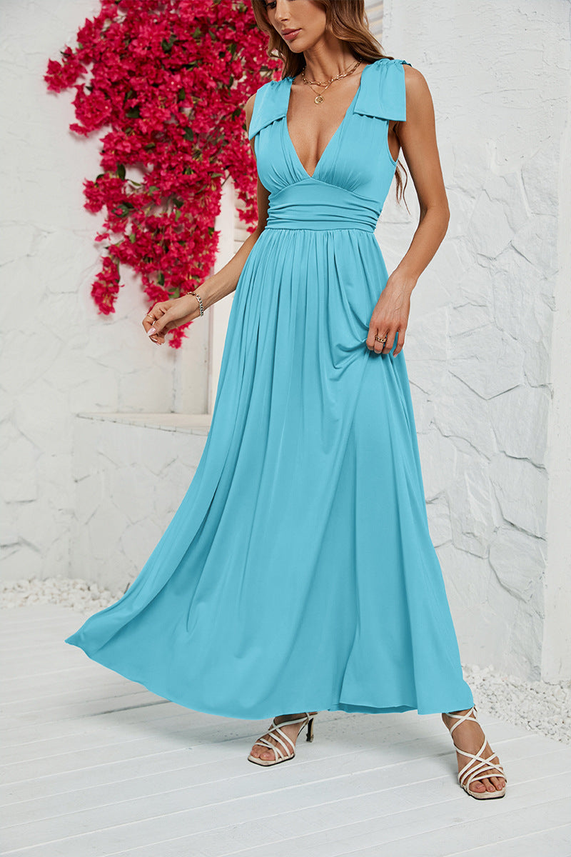 Women's Solid Deep V-Neck Waist Dress CD578