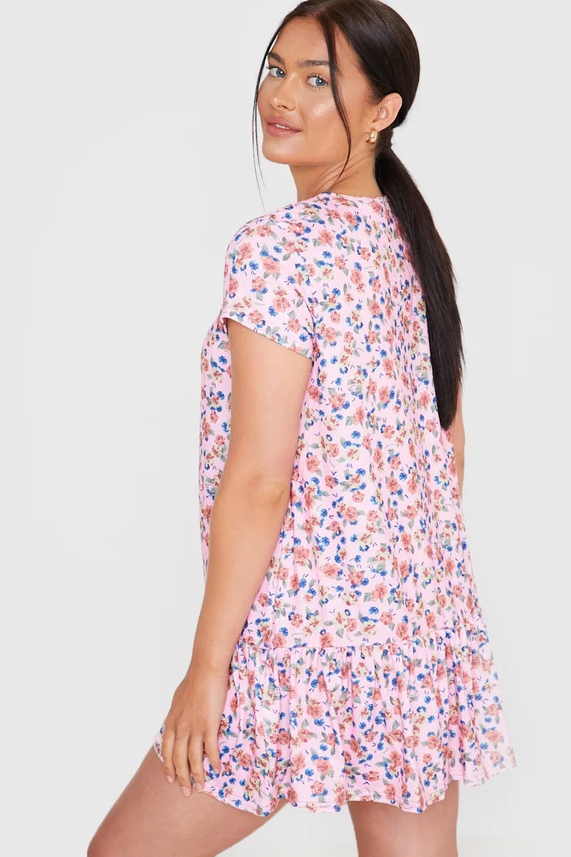 Printed Round Neck Short Sleeve Ruffled Dress CD227
