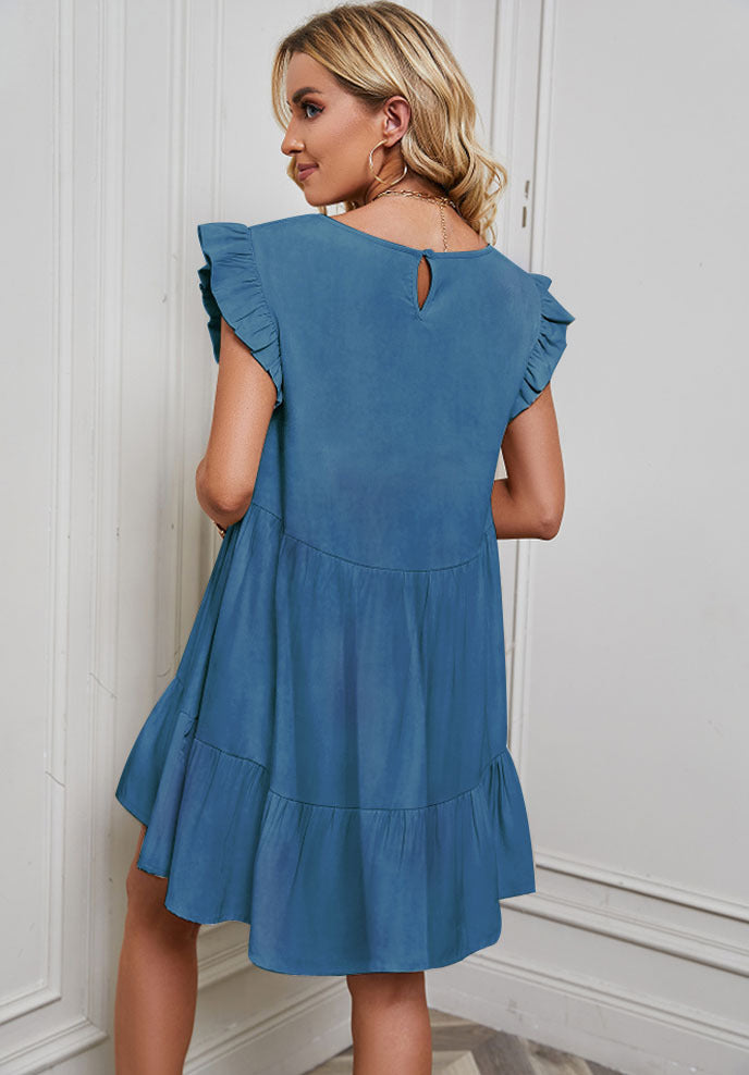 Women's Round Neck Ruffle Sleeve Short Dress CD536