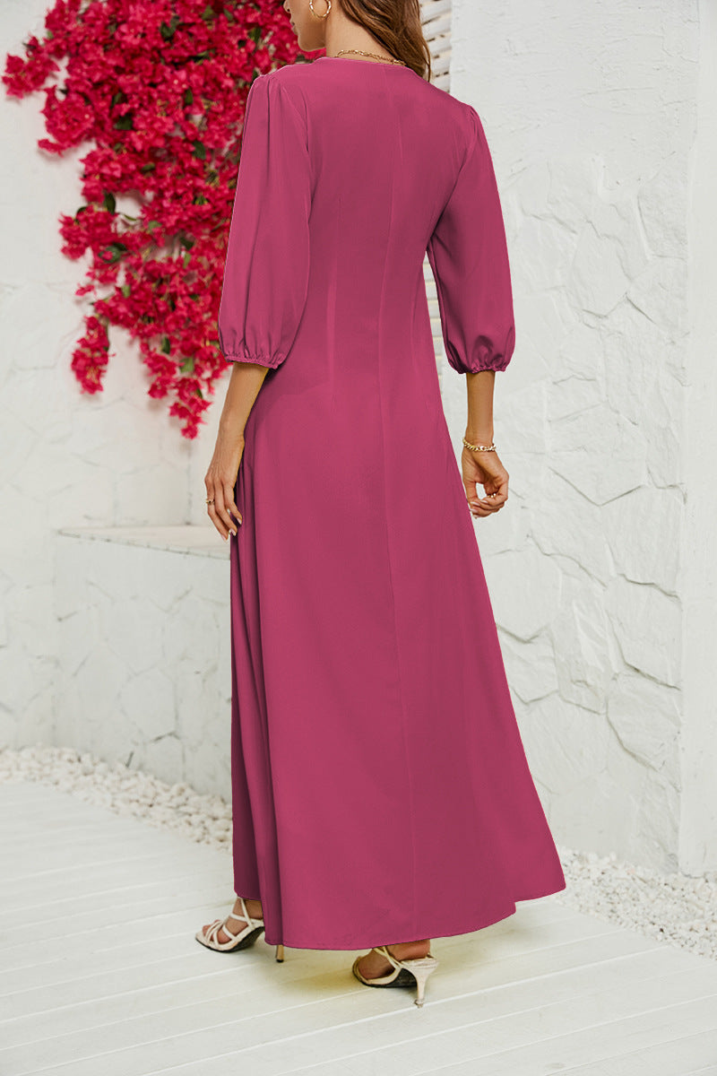 Women's V-neck Buttoned Five-sleeve Dress CD543