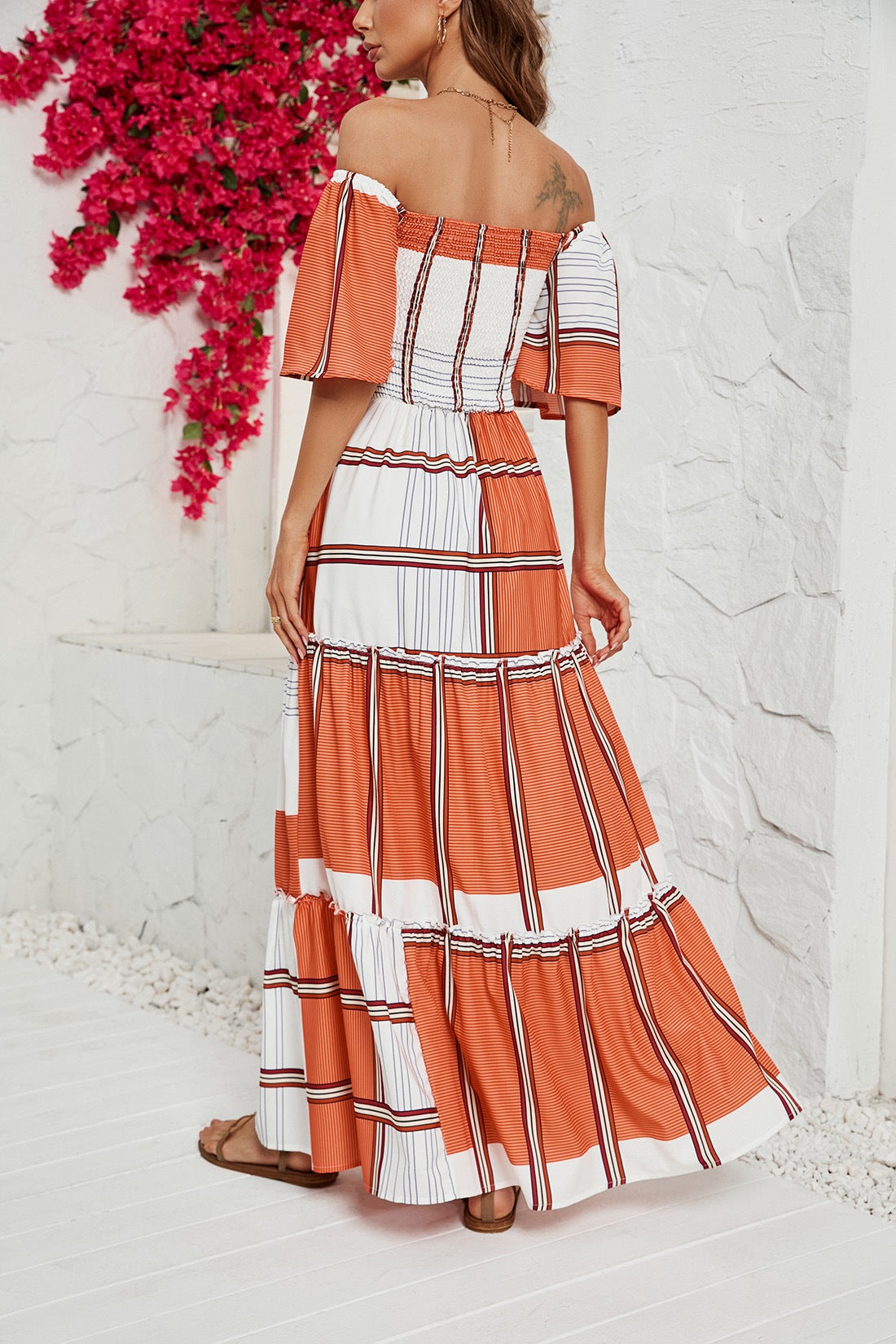 Women's Striped Ruffled Dress with A Line Neck CD565
