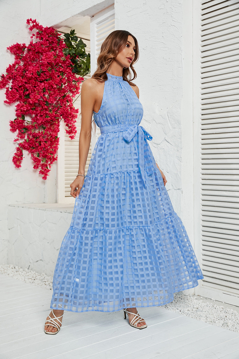Women's Round Neck Ruffled Lace-up Dress CD554