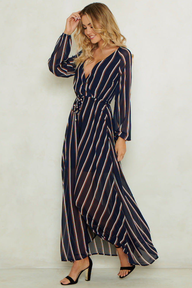 Stripe Printed V-neck Long Sleeved Large Swing Dress CD311