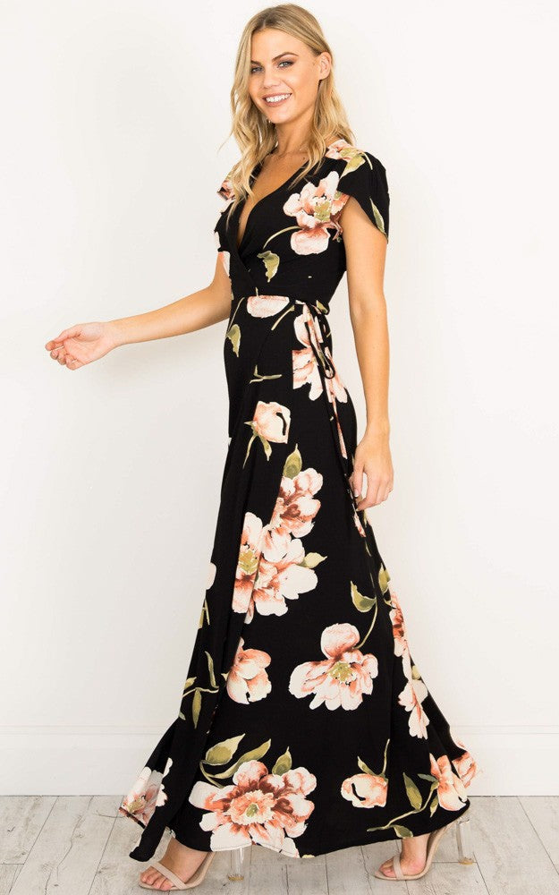 Printed V-neck Short Sleeved Big Swing Long Dress CD287