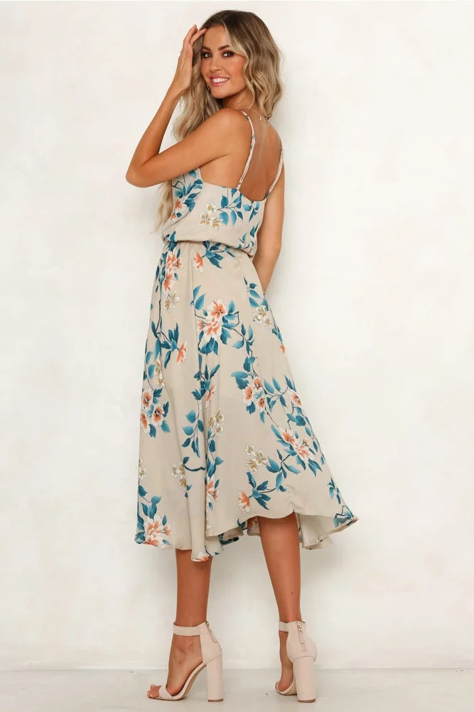 Printed Suspenders Sleeveless Sexy V-neck Dress CD396