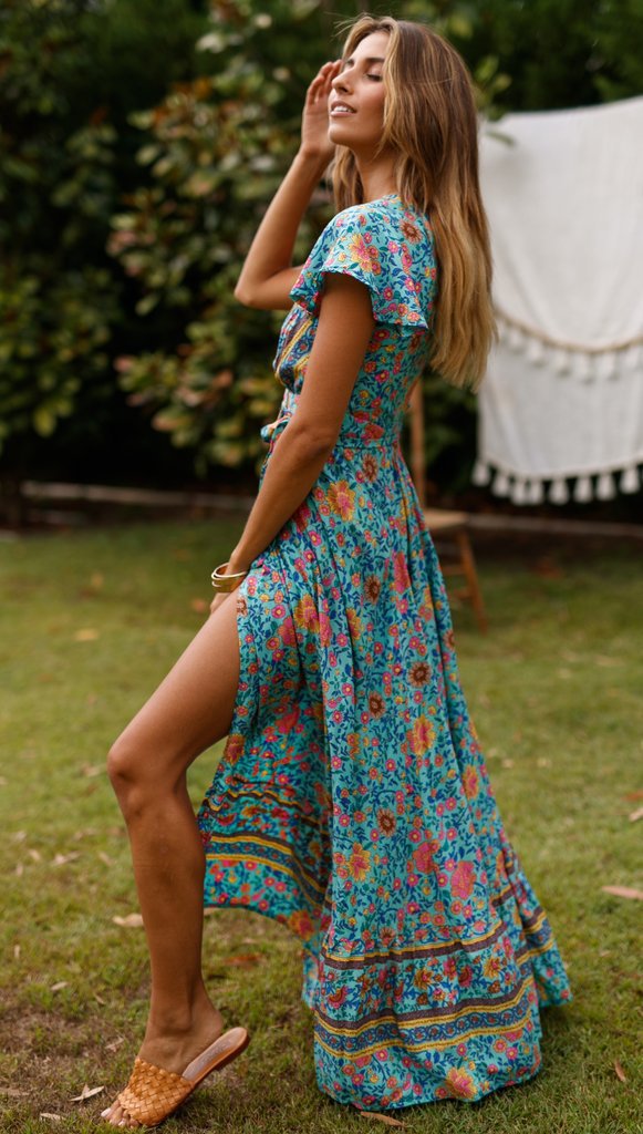 Chiffon Print Pleated V-neck Beach Dress CD331