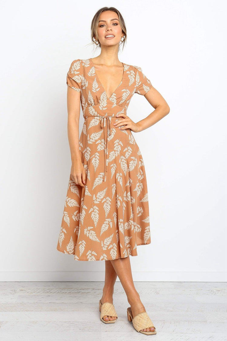 Short Sleeved V-neck Leaf Print Dress CD339