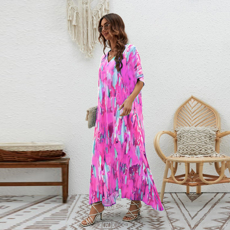Women's Printed Loose Swing Short Sleeve Dress CD511