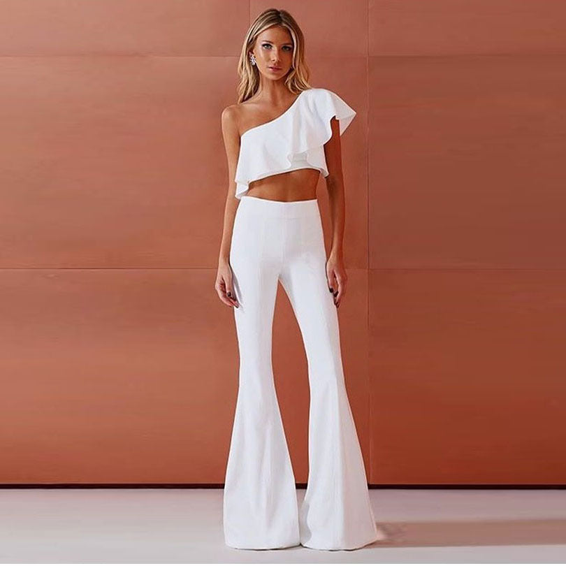 Slanted Shoulder Solid Romsuit Casual Trousers CD661