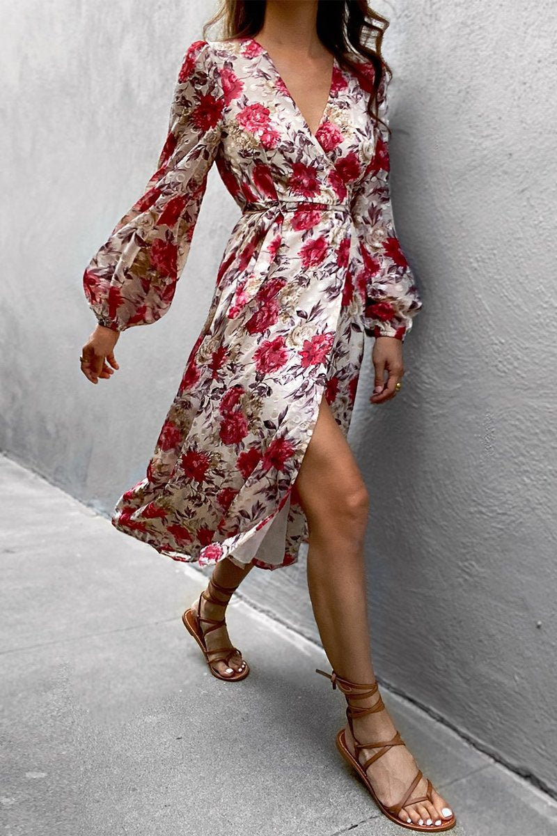 Printed Long Sleeve V-Neck High Waist Large Swing Dress CD377