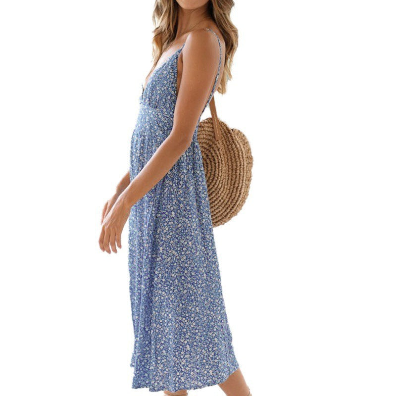 Sleeveless Suspender V-neck High Waist Printed Dress CD333