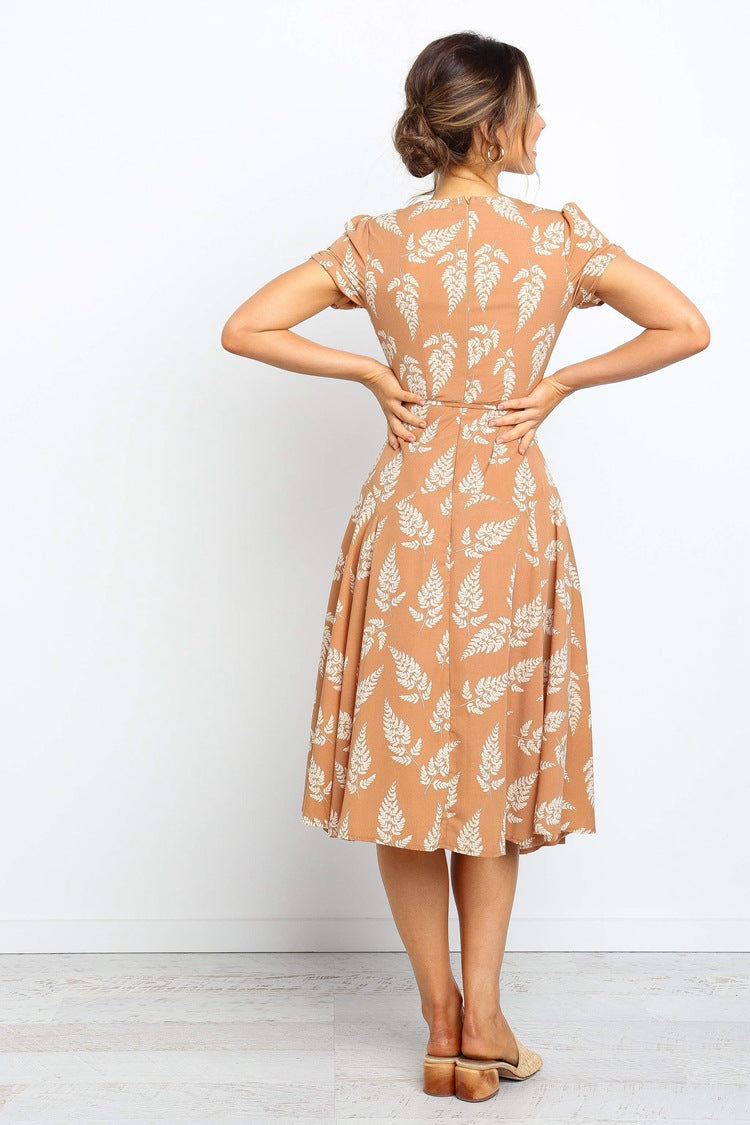 Short Sleeved V-neck Leaf Print Dress CD339