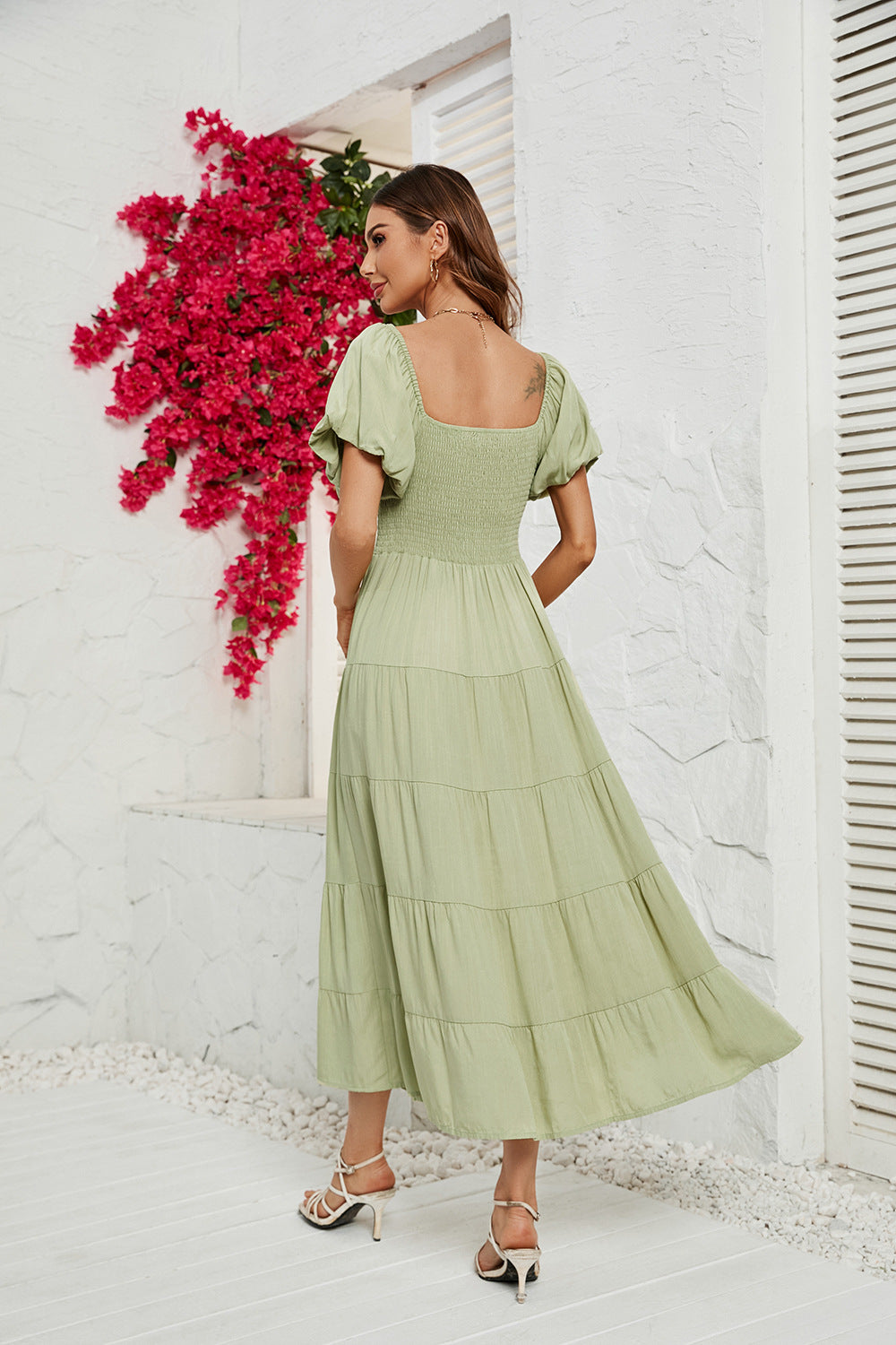 Women's High Waist Bubble Sleeve Wrap Up Dress CD551