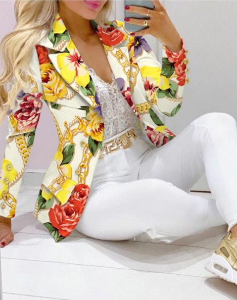 Women's Lapel Neck Patterned Suit Jacket & Pant Sets