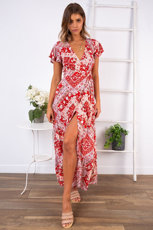 Printed Sexy V-neck Short Sleeved Dress CD324
