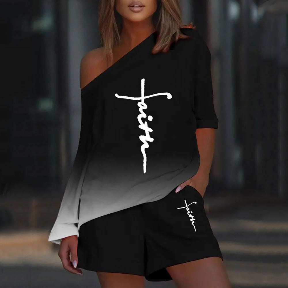 Printed Diagonal Collar Long Sleeved Casual Loose Fitting Set CD627