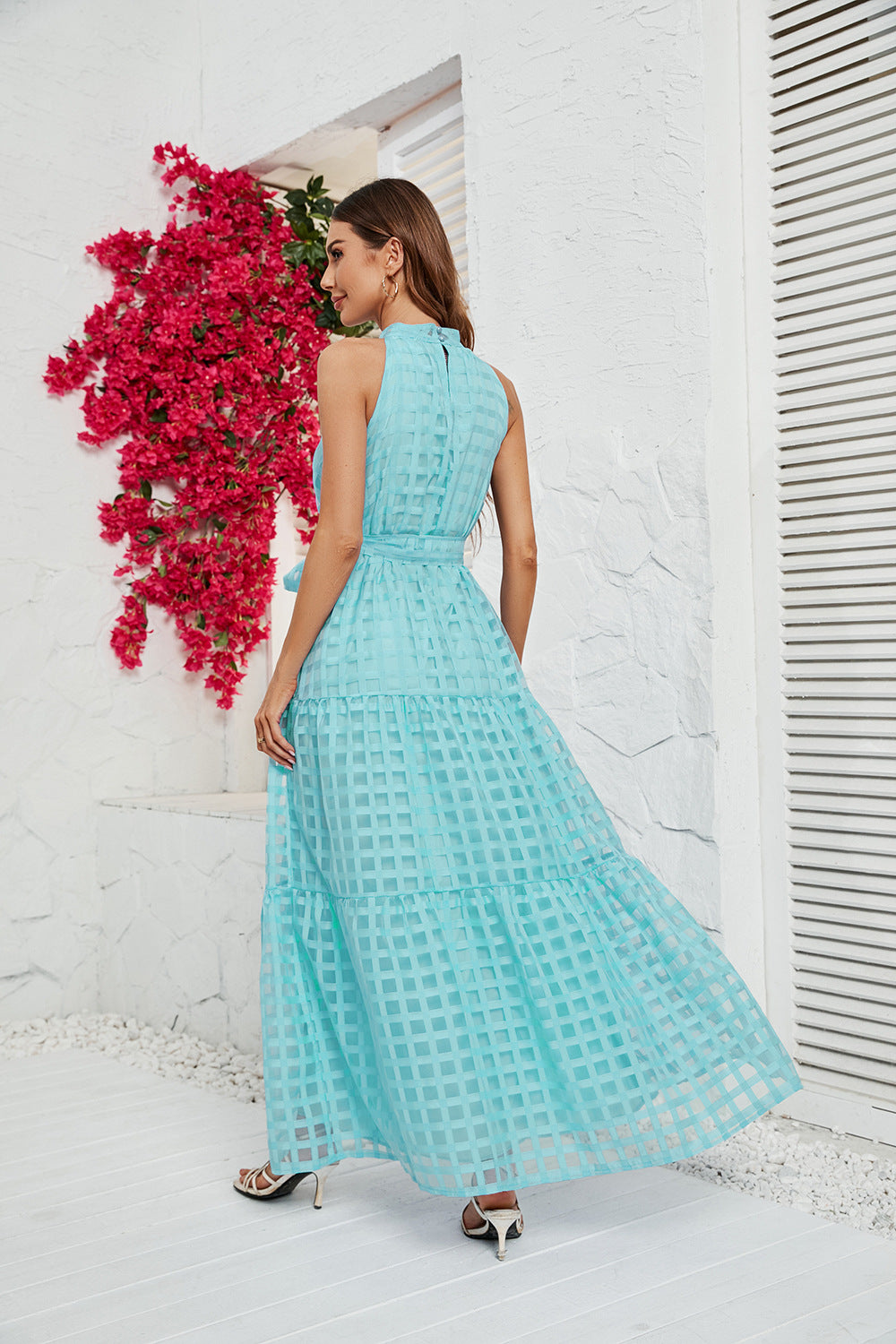 Women's Round Neck Ruffled Lace-up Dress CD554