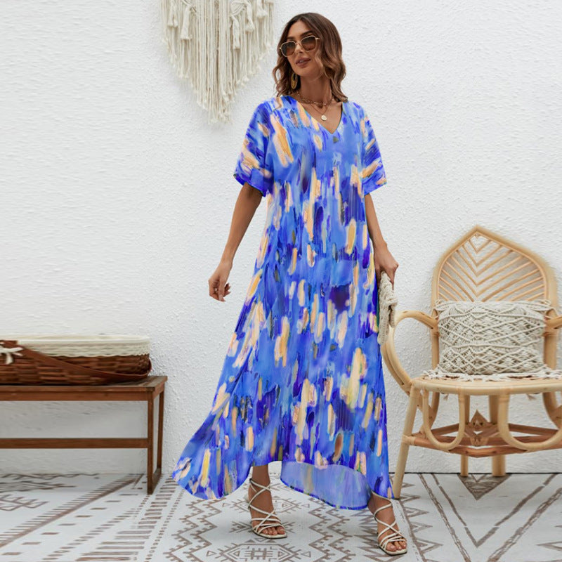 Women's Printed Loose Swing Short Sleeve Dress CD511