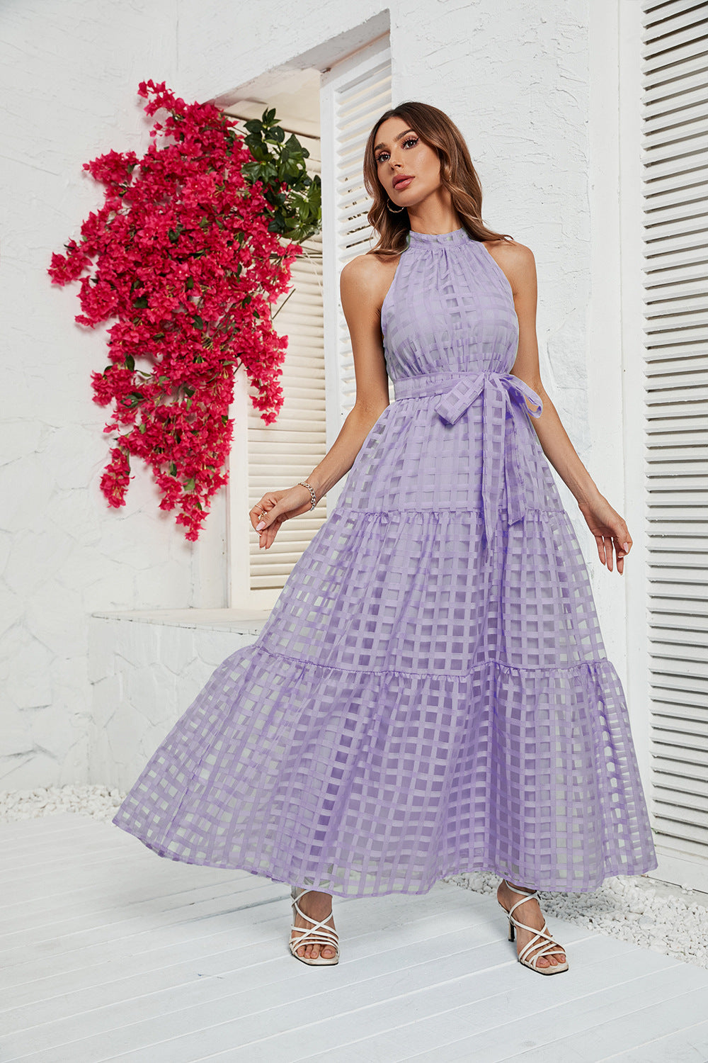 Women's Round Neck Ruffled Lace-up Dress CD554