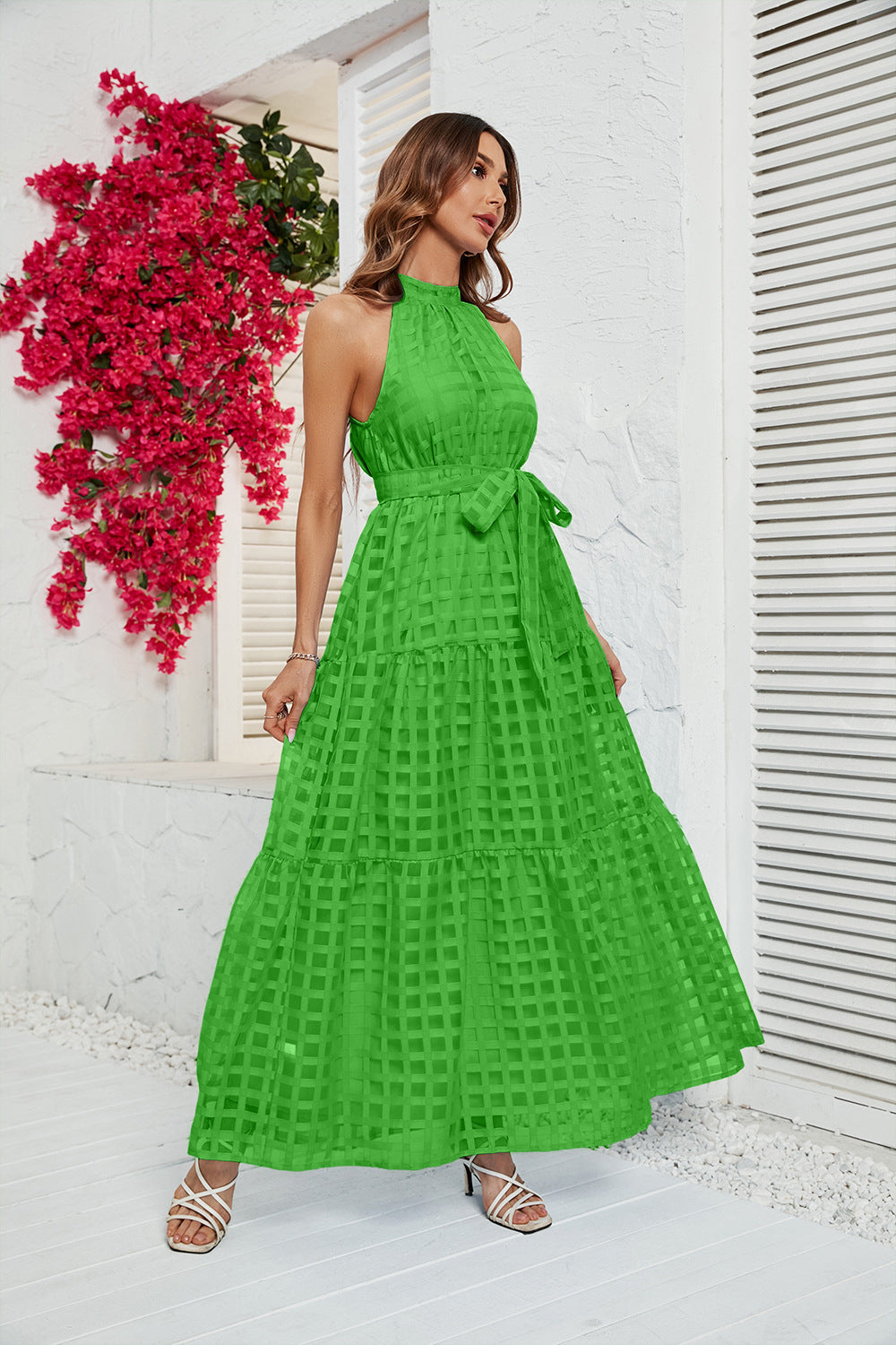 Women's Round Neck Ruffled Lace-up Dress CD554