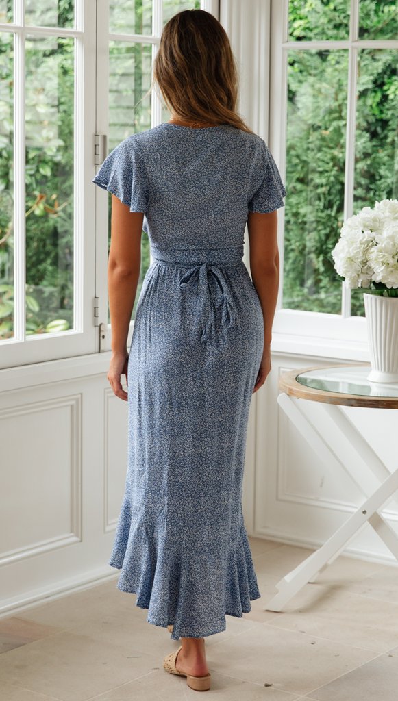 Ruffled Short Sleeves V-neck Print Dress CD307