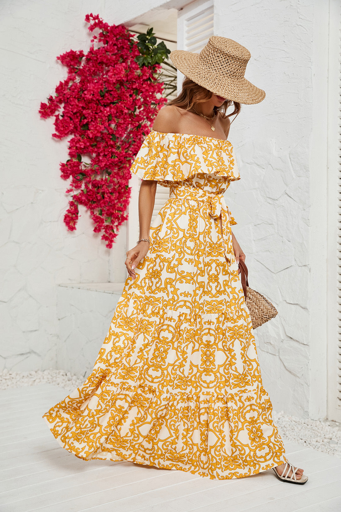Women's Printed One-neck Ruffled Dress CD557