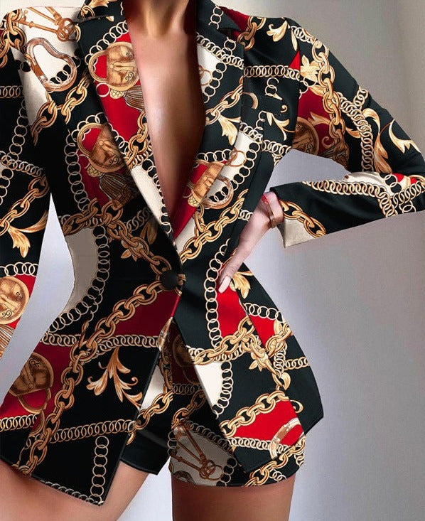 Women's V-Neck Patterned Suit Jacket & Pant Sets