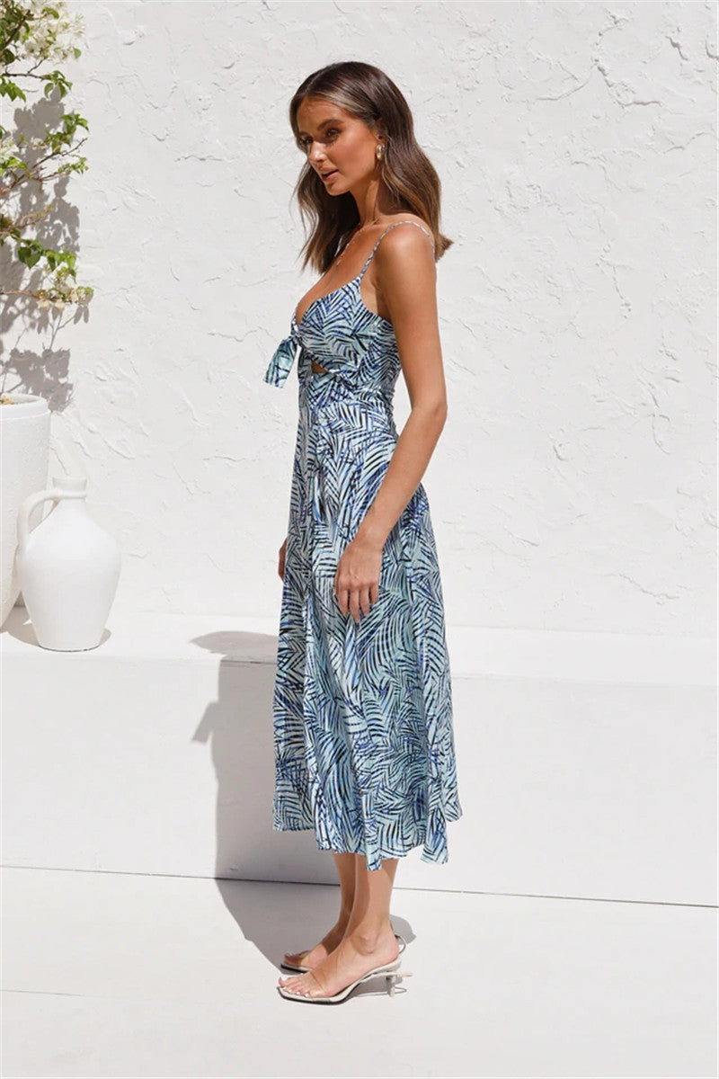 Printed Sexy V-neck Slip Open-back Dress CD371