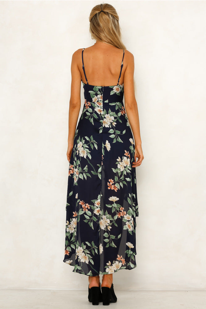 Sexy Printed Strap V-Neck Ruffle Dress CD325