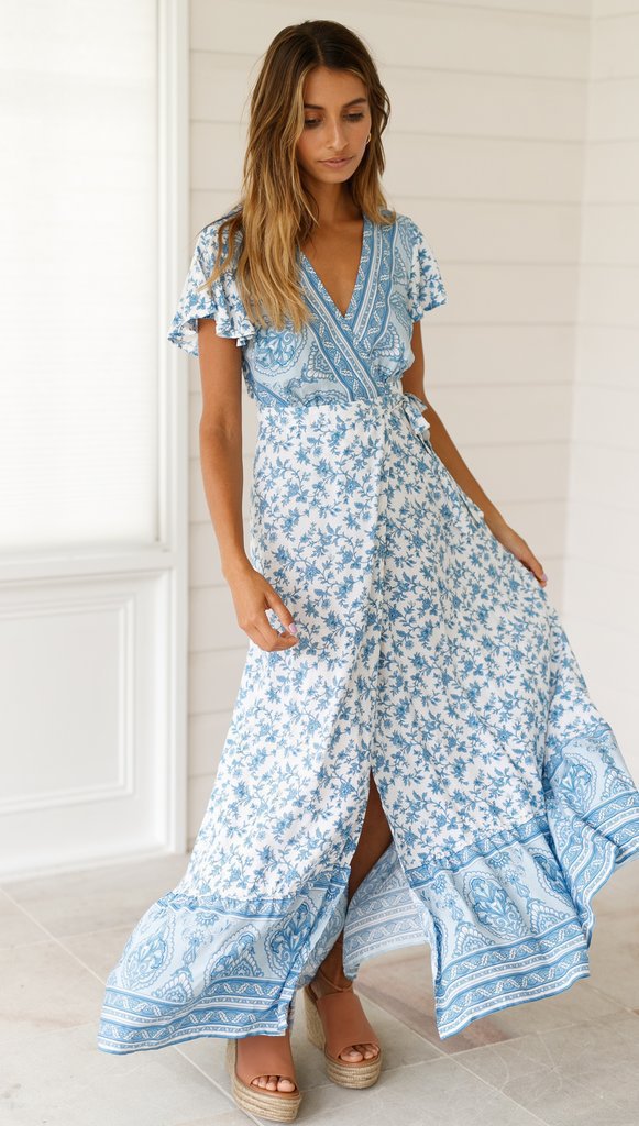 Chiffon Print Pleated V-neck Beach Dress CD331