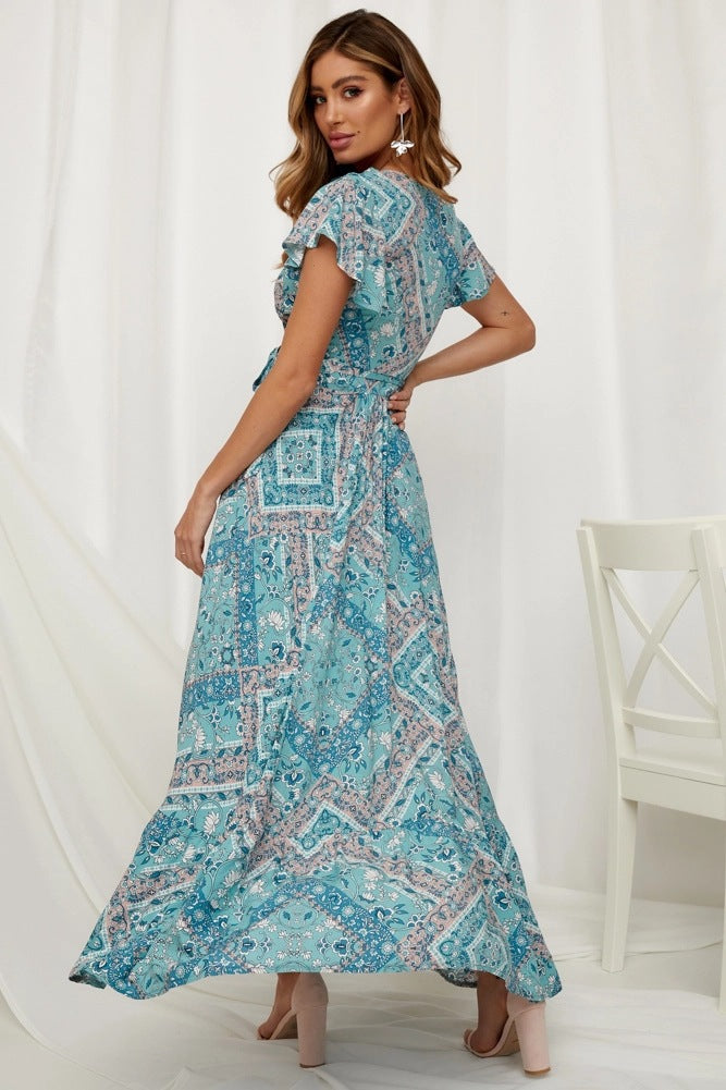 Printed Sexy V-neck Short Sleeved Dress CD324