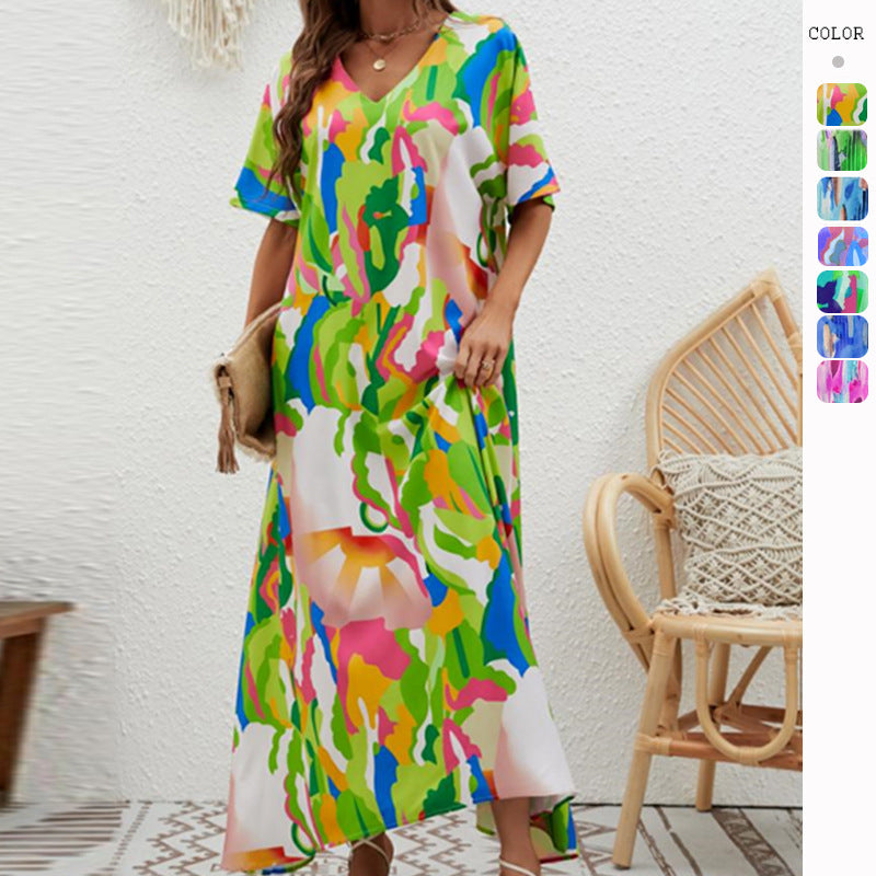 Women's Printed Loose Swing Short Sleeve Dress CD511