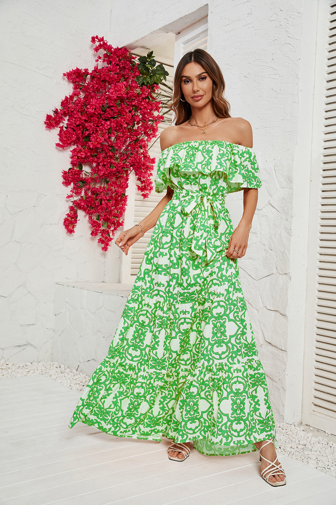 Women's Printed One-neck Ruffled Dress CD557
