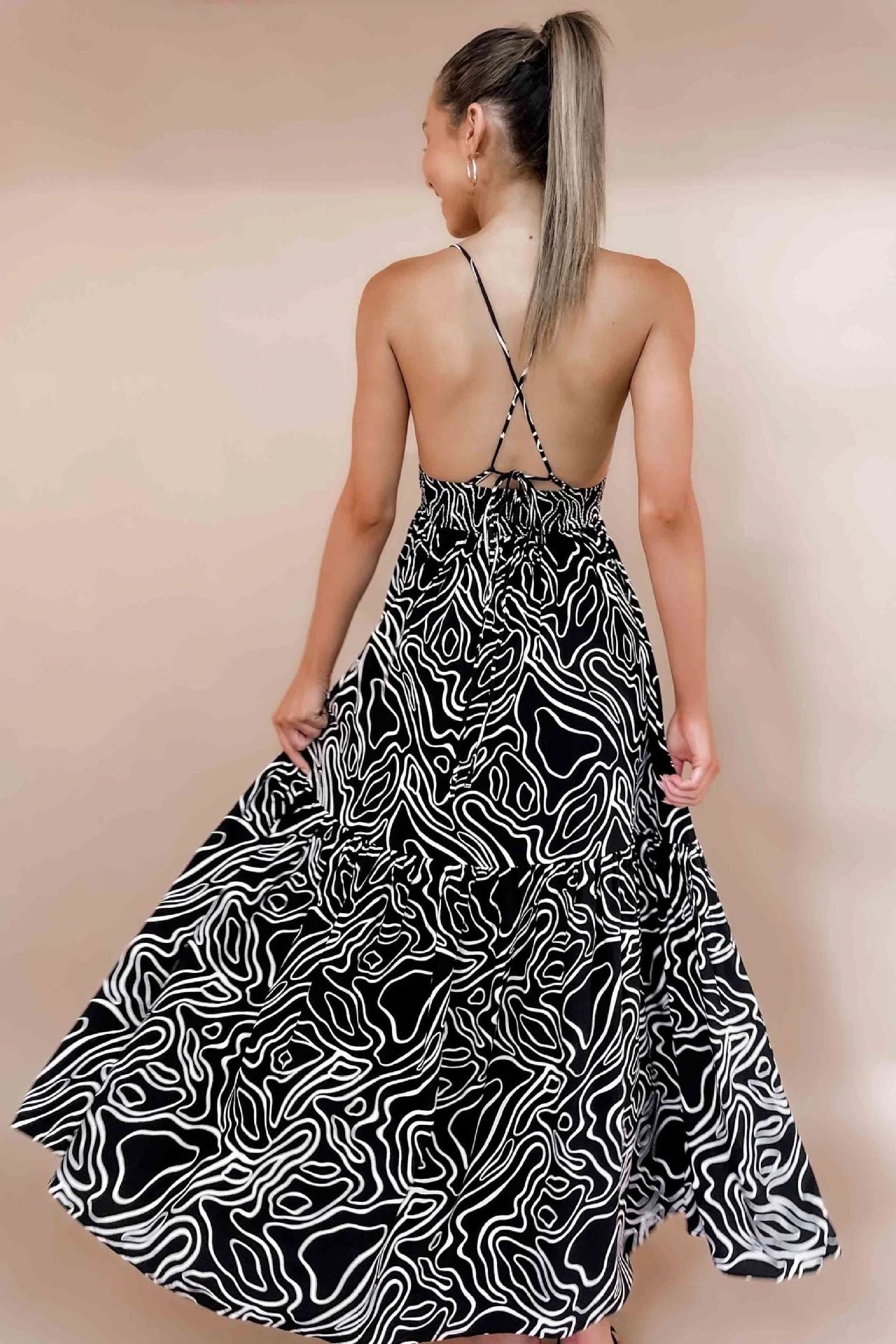 Sexy Strap V-Neck Open Back Pleated Print Dress CD329