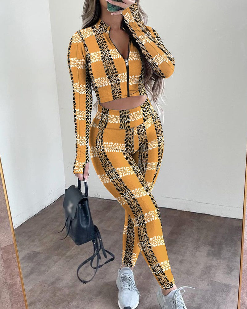 Printed Long Sleeve Zipper Sports Knitted Top & Pant Sets