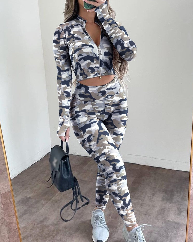 Printed Long Sleeve Zipper Sports Knitted Top & Pant Sets