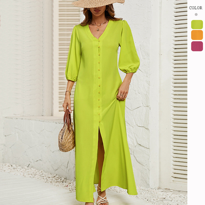 Women's V-neck Buttoned Five-sleeve Dress CD543