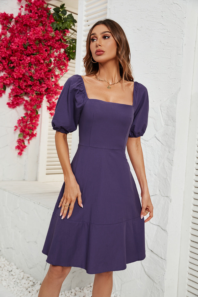 Women's Solid Square Neck Bubble Sleeve Dress CD542