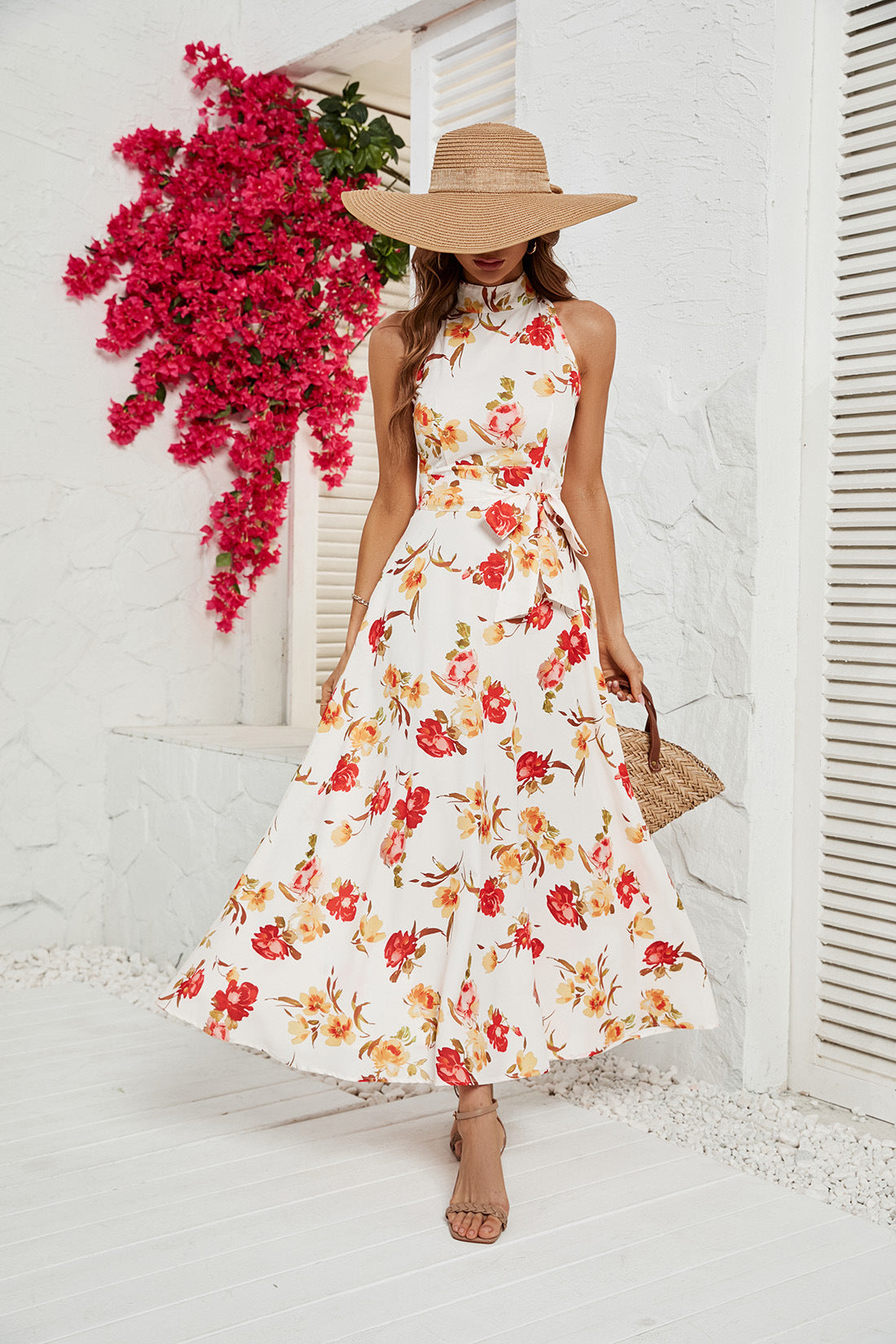 Women's Printed High Neck Lace Up Dress CD550