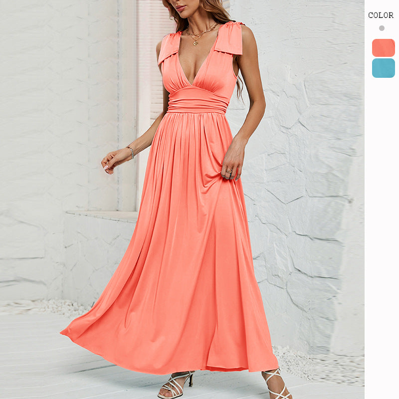 Women's Solid Deep V-Neck Waist Dress CD578