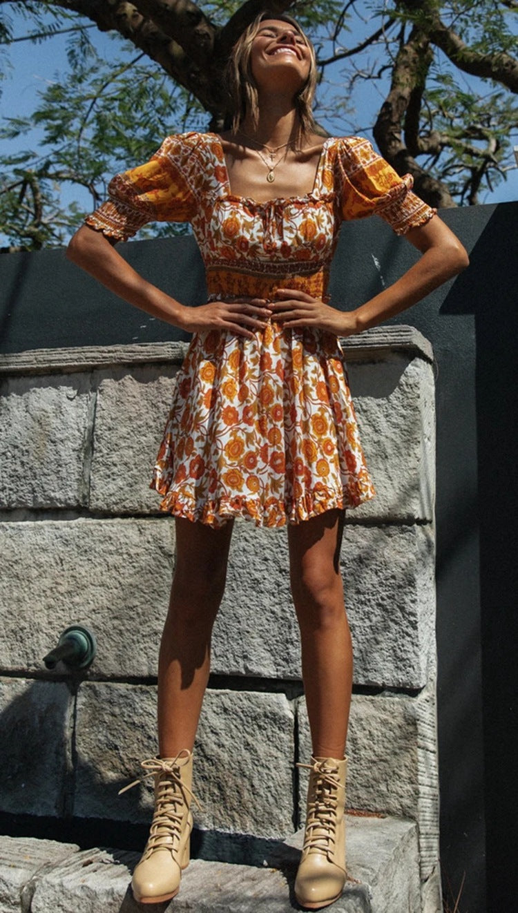 Printed Ruffled Lanbul Short-sleeved High-rise Dress CD360