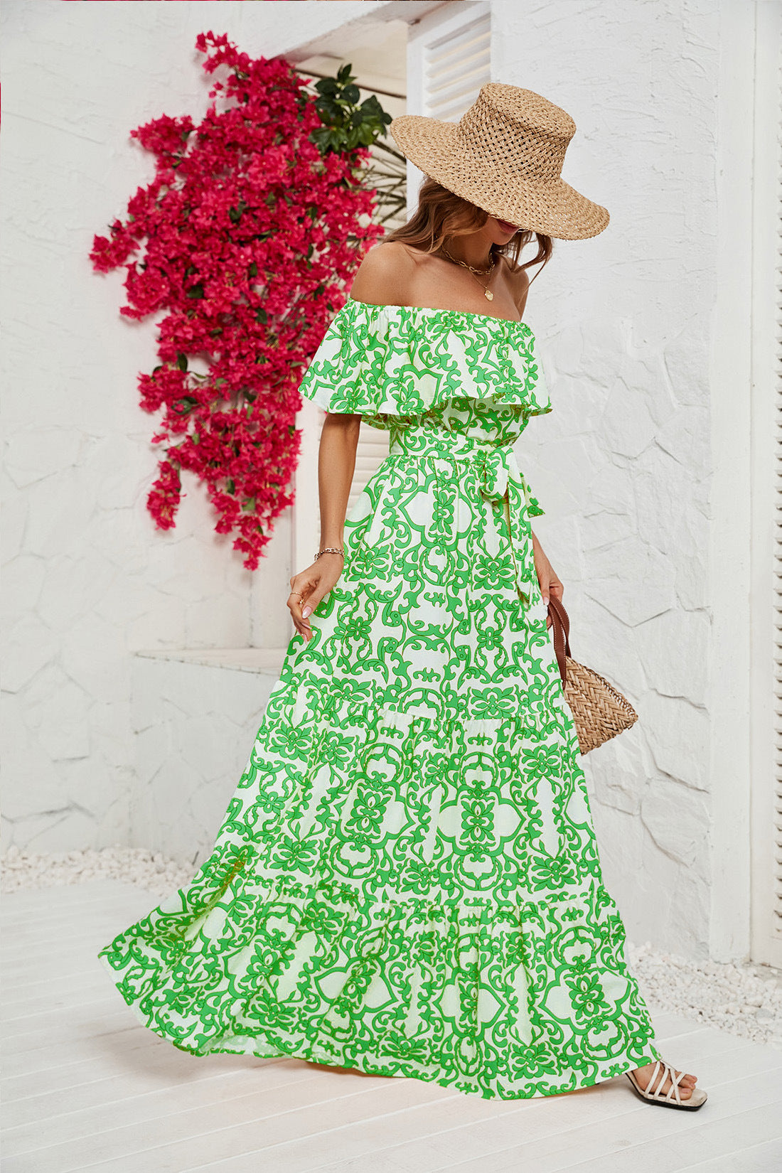 Women's Printed One-neck Ruffled Dress CD557