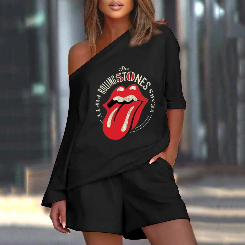 Printed Diagonal Collar Long Sleeved Casual Loose Fitting Set CD627