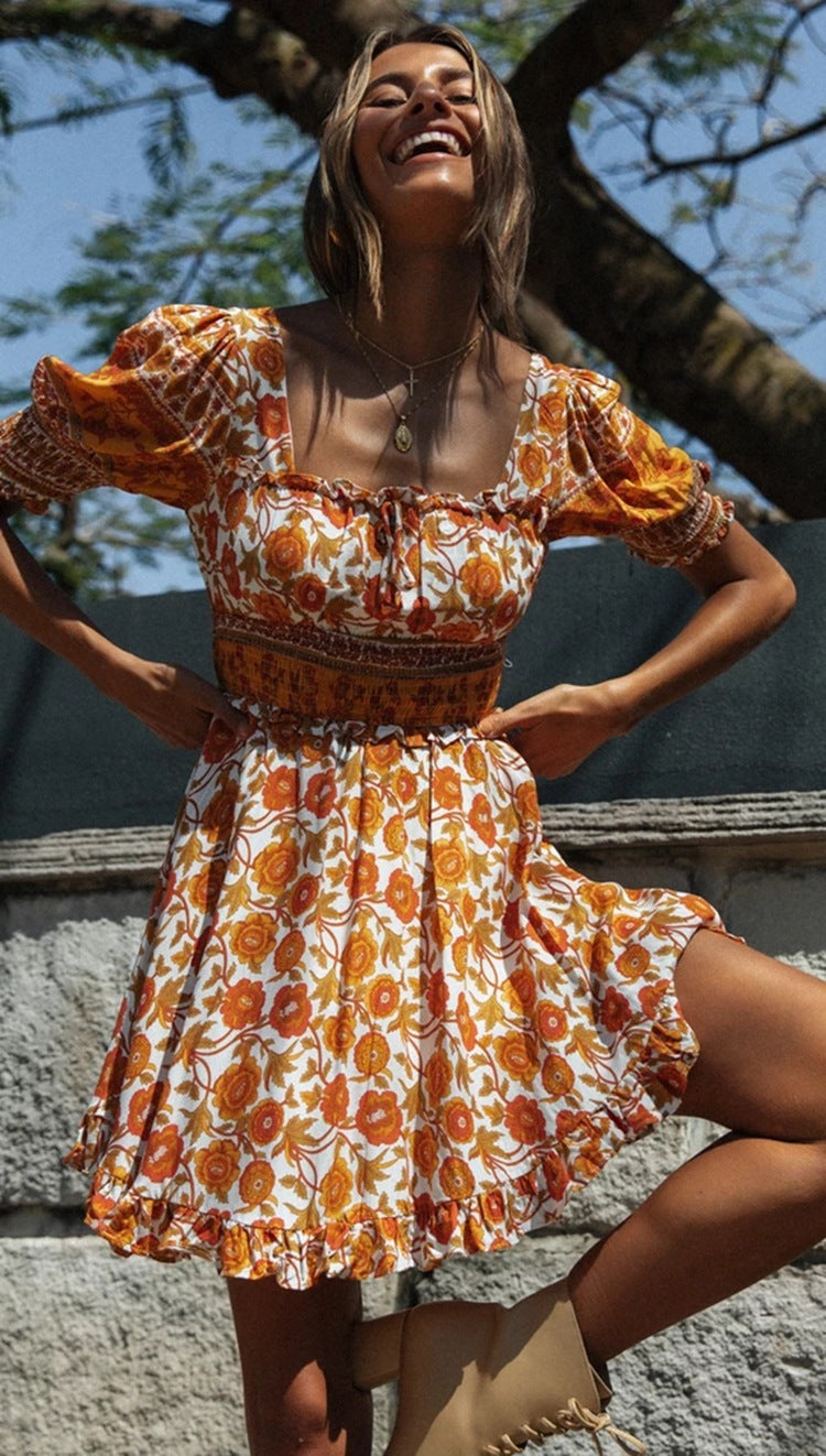 Printed Ruffled Lanbul Short-sleeved High-rise Dress CD360