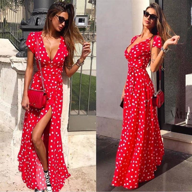 Polka Dot Printed Low Cut Short Sleeved Slit Dress CD310